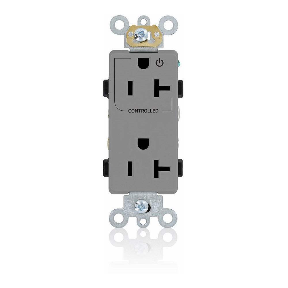 20 Amp. 125 Volt. NEMA 5-20R. 2P/3W. Decora Plus Duplex Receptacle. Straight Blade. Commercial Grade. Hot Terminal Split w/1 Plug Controlled. Self Grounding. Back And Side Wired. Contractor Pack - Gray