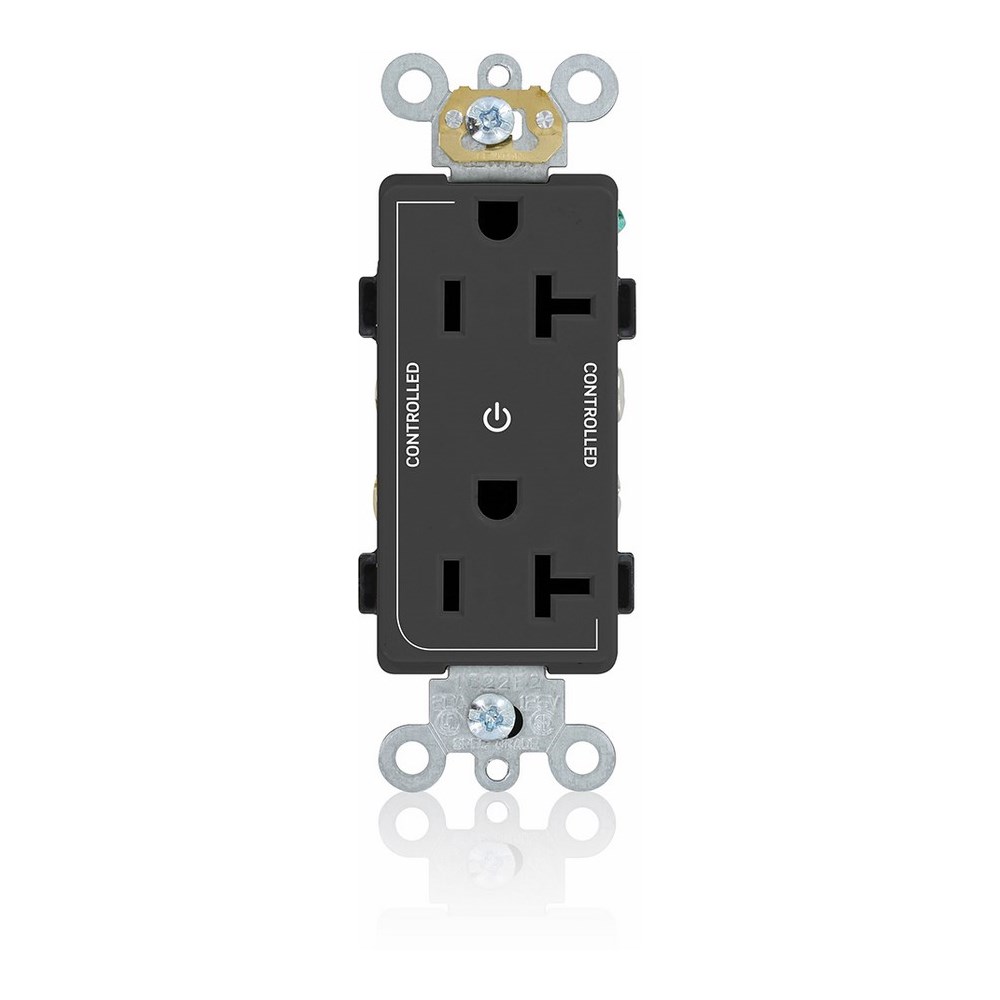 20 Amp. 125 Volt. NEMA 5-20R. 2P/3W. Decora Plus Duplex Receptacle. Straight Blade. Commercial Grade. 2 Plug Controlled Markings. Self Grounding. Back And Side Wired. Contractor Pack - Black