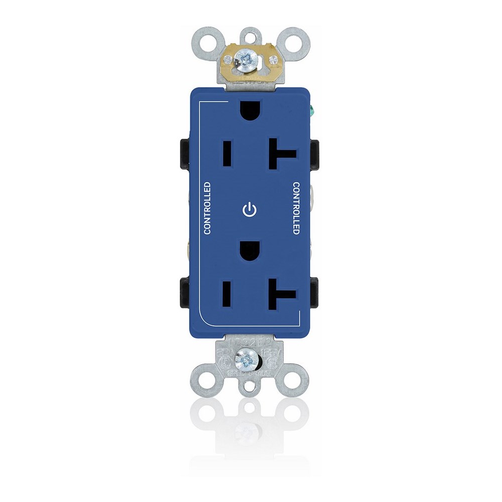 20 Amp. 125 Volt. NEMA 5-20R. 2P/3W. Decora Plus Duplex Receptacle. Straight Blade. Commercial Grade. 2 Plug Controlled Markings. Self Grounding. Back And Side Wired. Contractor Pack - Blue