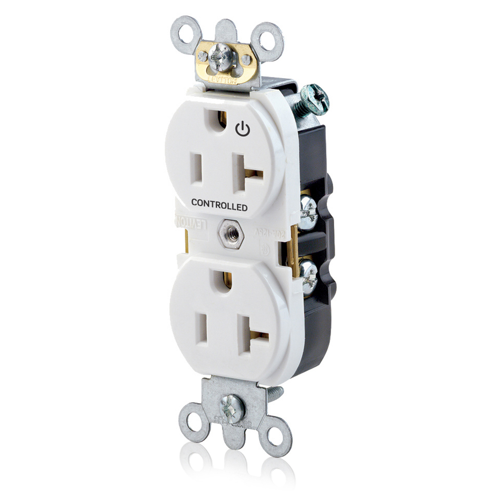 Duplex Receptacle. Narrow Body Design. 2-pole 3-wire. Nema 5-20R. 20A-125V Flat Face. Back And Side Wired. Industrial Spec Grade. Self Grounding.  Hot Terminal Split W/1 Plug Controlled Markings - White