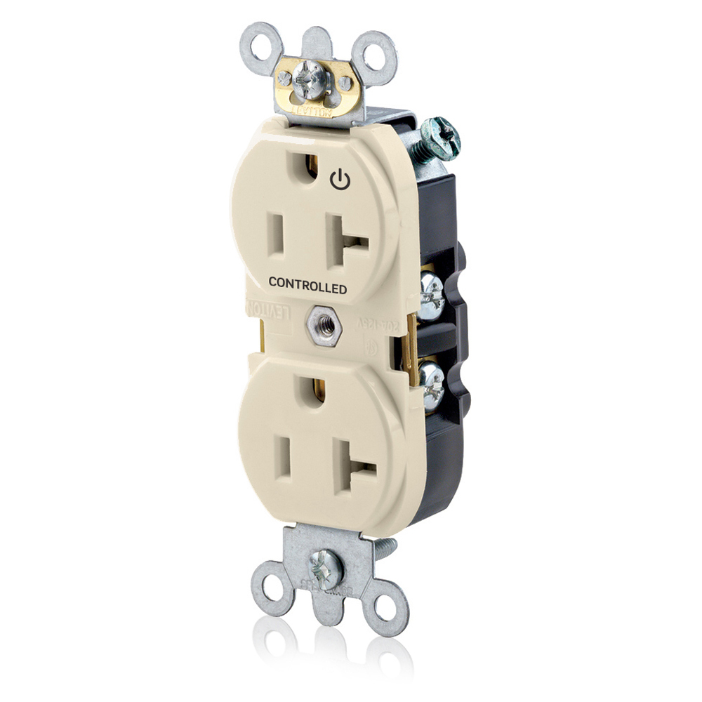 Duplex Receptacle. Narrow Body Design. 2-pole 3-wire. Nema 5-20R. 20A-125V Flat Face. Back And Side Wired. Industrial Spec Grade. Self Grounding.  Hot Terminal Split W/1 Plug Controlled Markings - Light Almond