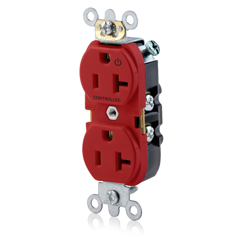 Duplex Receptacle. Narrow Body Design. 2-pole 3-wire. Nema 5-20R. 20A-125V Flat Face. Back And Side Wired. Industrial Spec Grade. Self Grounding.  Hot Terminal Split W/1 Plug Controlled Markings - Red