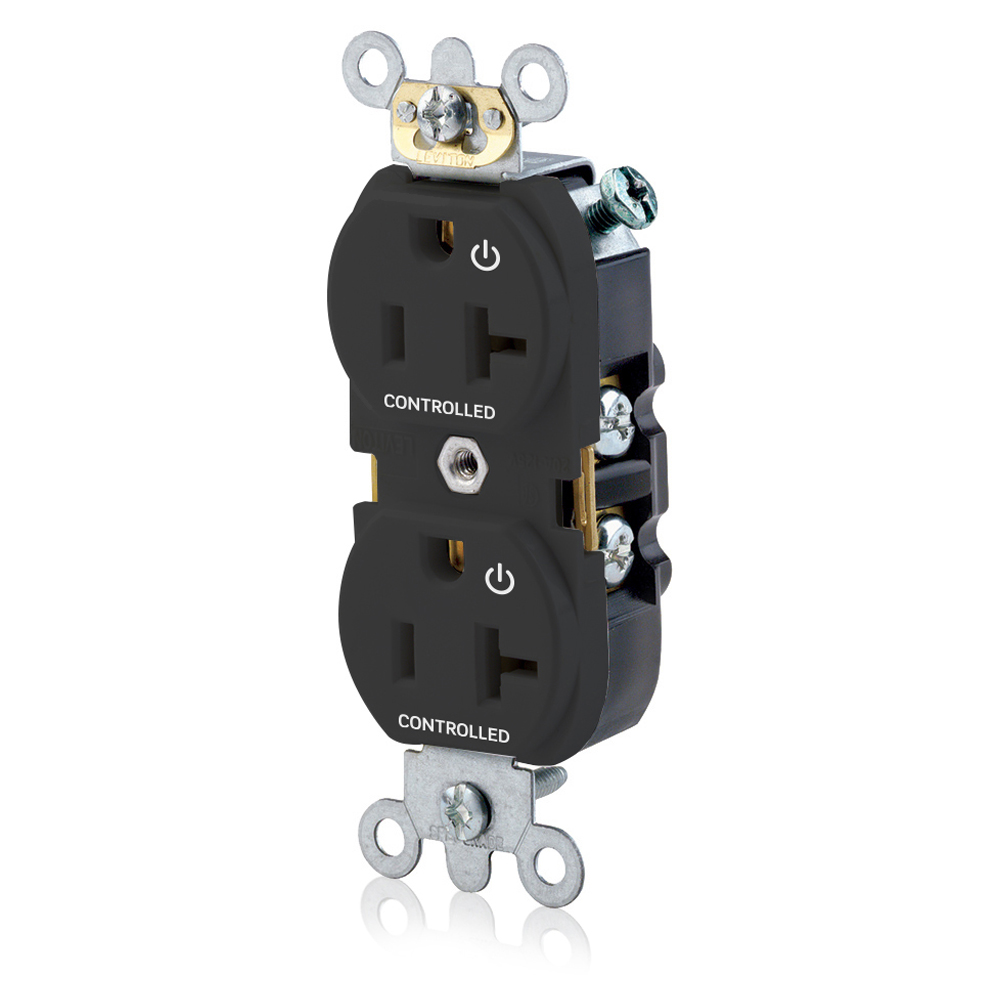 Duplex Receptacle. Narrow Body Design. 2-pole 3-wire. Nema 5-20R. 20A-125V Flat Face. Back And Side Wired. Industrial Spec Grade. Self Grounding.  2 Plugs Controlled Markings - Black