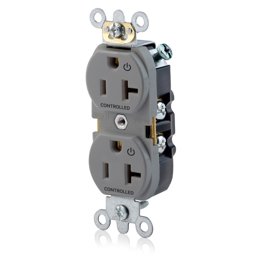 Duplex Receptacle. Narrow Body Design. 2-pole 3-wire. Nema 5-20R. 20A-125V Flat Face. Back And Side Wired. Industrial Spec Grade. Self Grounding.  2 Plugs Controlled Markings - Grey