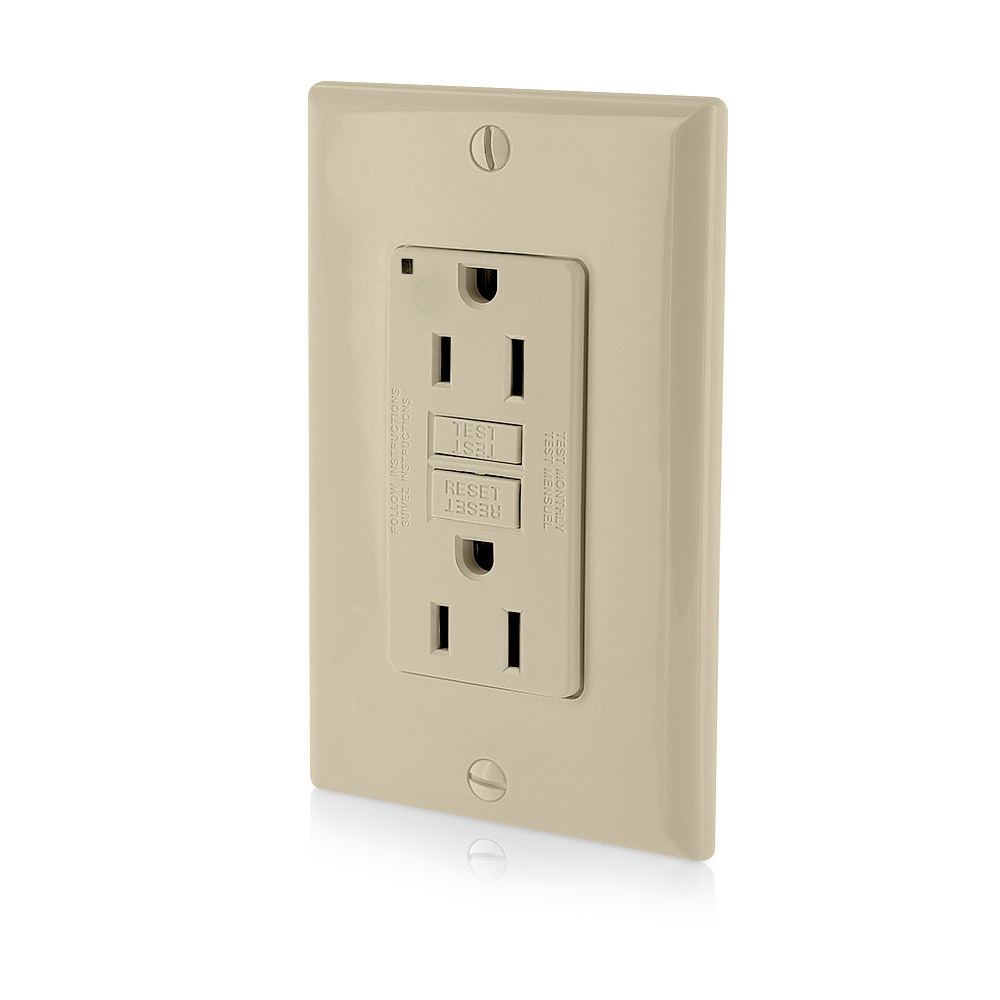 15 Amp, 125 Volt Receptacle/Outlet, 20 Amp Feed-Through, Self-test SmartLock Pro Slim GFCI, monochromatic, back and side wired, nylon wallplate/faceplate and self grounding clip included - IVORY