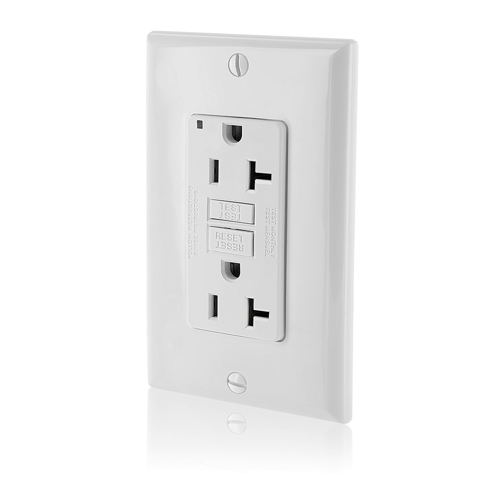 20 Amp, 125 Volt Receptacle/Outlet, 20 Amp Feed-Through, Self-test SmartLock Pro Slim GFCI, monochromatic, back and side wired, wallplate/faceplate and self grounding clip included - WHITE