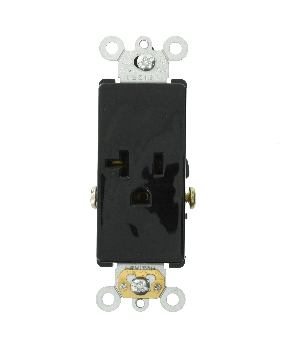 20 Amp 125 Volt NEMA 5-20R 2P 3W Decora Plus Single Receptacle Straight Blade Commercial Grade Self-Grounding Side Wired Steel Strap - Black
