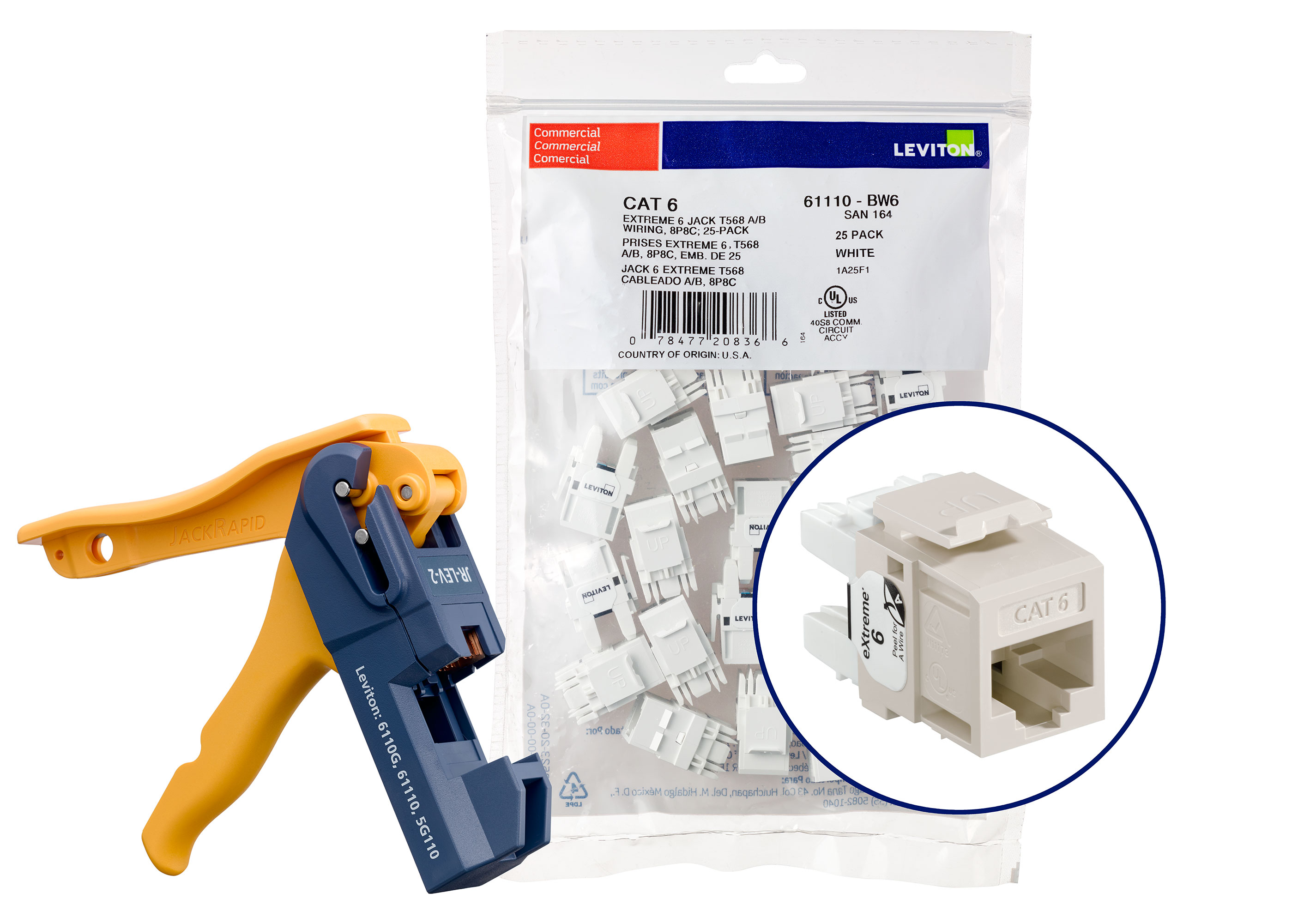 Cat 6 (61110) Connectors Kitted With Jack Rapid Tool, 1 Fg = 6 Quickpacks (25 Connectors Per Quickpack),Total Of 150 Connectors, Plus 1 Jack Rapid Tool-Light Almond