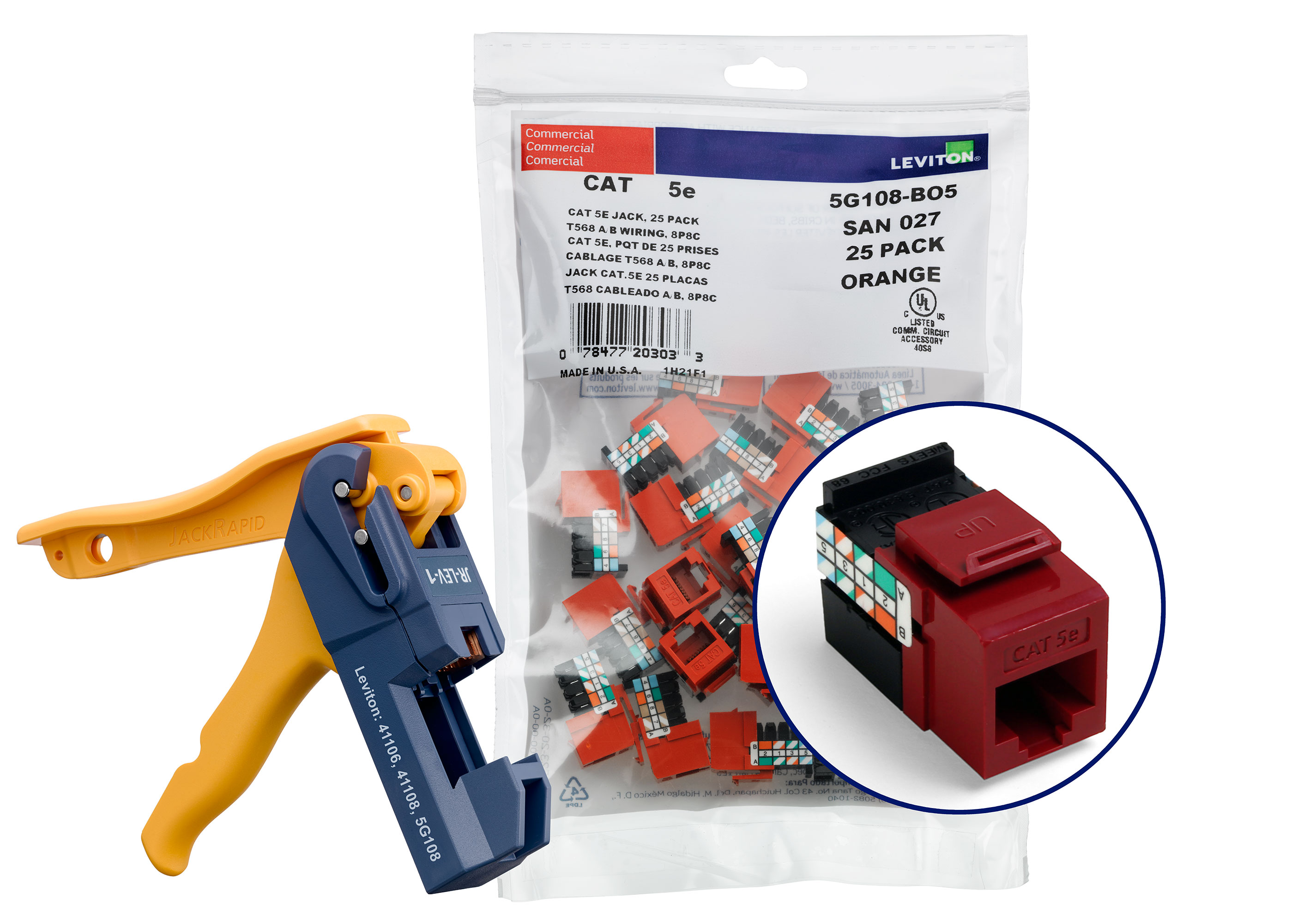 Cat 5e (5g108) Connectors Kitted With Jack Rapid Tool, 1 Fg = 6 Quickpacks (25 Connectors Per Quickpack), Total Of 150 Connectors, Plus 1 Jack Rapid Tool-Red