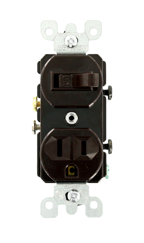 15 Amp 120 Volt Duplex Style Single-Pole  5-15R AC Combination Switch Commercial Grade Grounding Side Wired - Brown