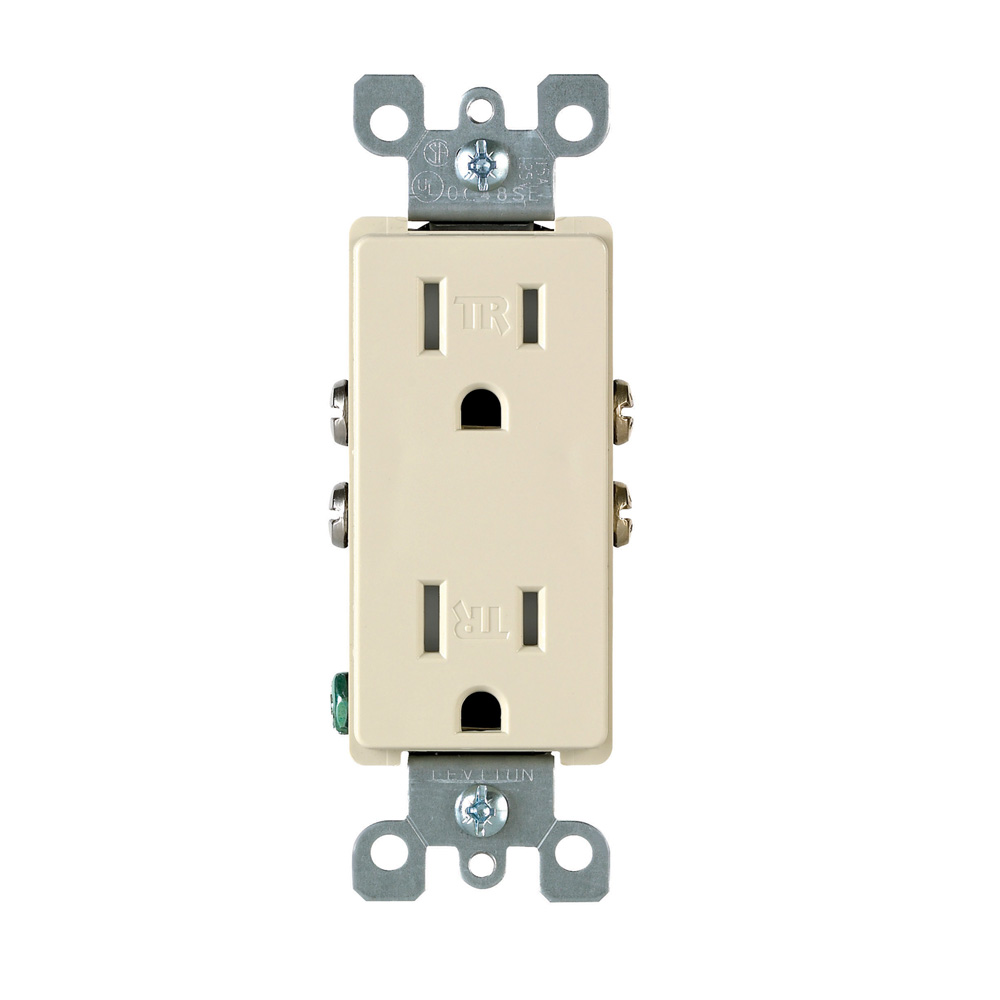 15 Amp 125 Volt, Tamper Resistant, Decora Duplex Receptacle, Straight Blade, Self Grounding, Ivory