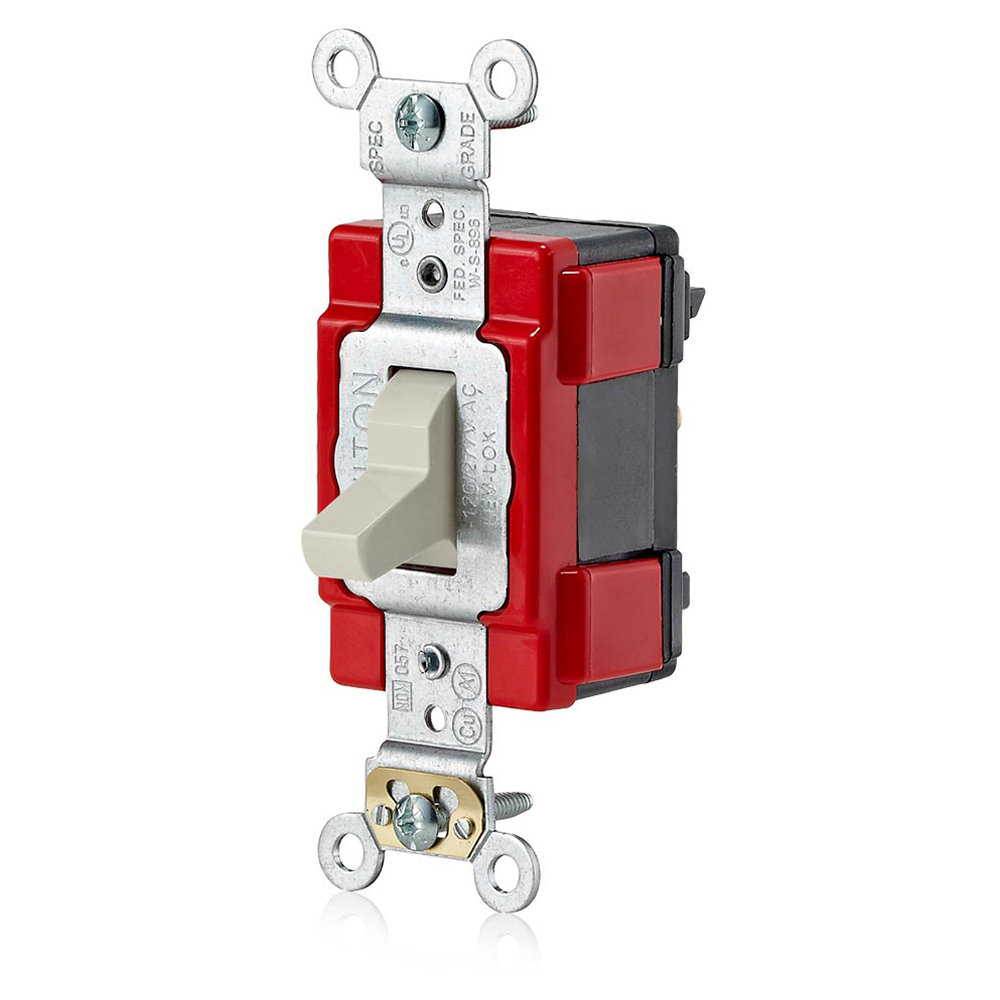 Lev-lok Switch. Large Toggle. Quiet 3-way. 20A - 120/277V AC. 1 Hp At 120V. 2 Hp At 240V. Configured Red Cover With Light Almond Toggle.