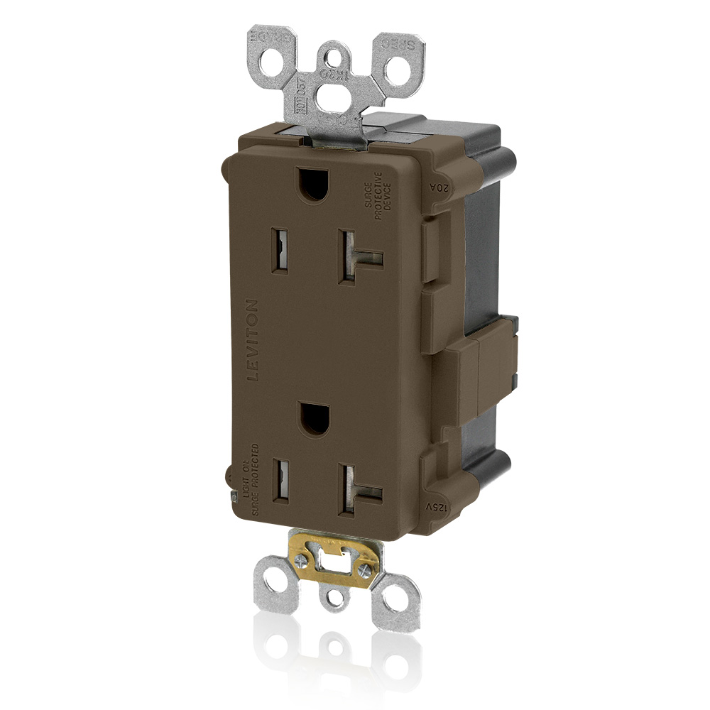 20A 125V Lev-Lok Tamper-Resistant Surge Protective Decora Duplex Receptacle Indicator Light Non-Alarmed Commercial Grade - BROWN