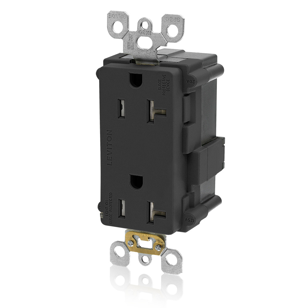 20A, 125V, Lev-Lok Tamper-Resistant Surge Protective Decora Duplex Receptacle, Indicator Light, Non-Alarmed, Commercial Grade - BLACK Mating Lev-Lok Wiring Module Required for Use
