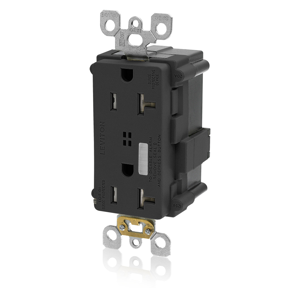 20A 125V Lev-Lok Tamper-Resistant Surge Protective Decora Duplex Receptacle Indicator Light Alarmed Commercial Grade - BLACK