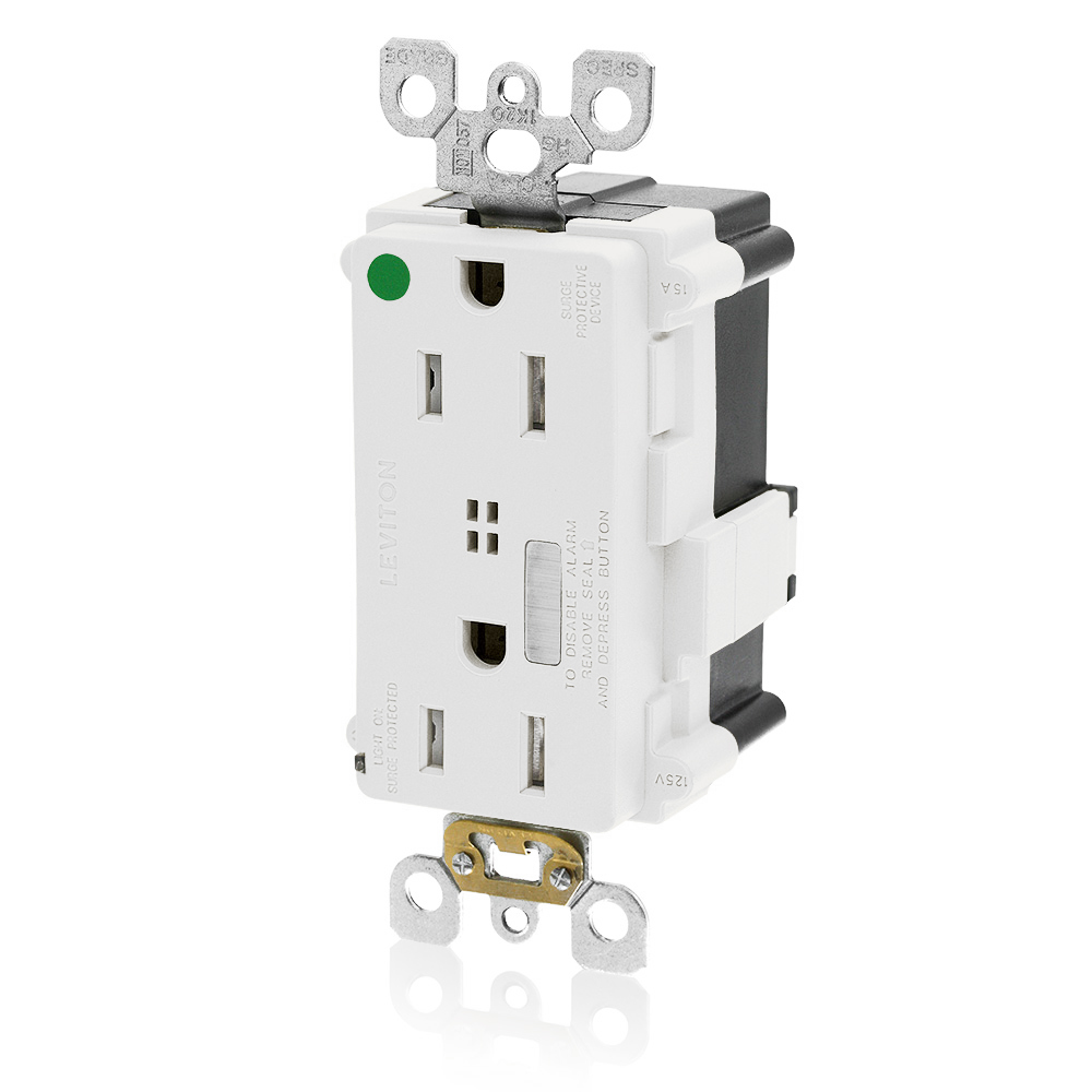 15A 125V Lev-Lok Tamper-Resistant Surge Protective Decora Duplex Receptacle Indicator Light Alarmed Hospital Grade - WHITE