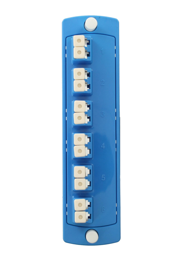 Injection Molder Adapted Plate, Opt-X 6-Pack Duplex LC 0S2, 12-Fiber Blue, Zirconia Ceramic Sleeve