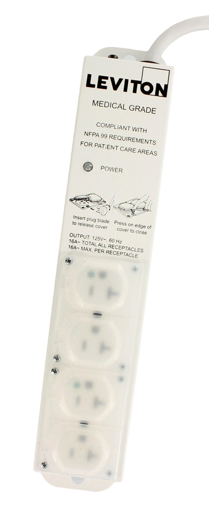 15 Amp 12 Amp Max Continuous Load 125VAC Medical Grade Power Strip With 4 NEMA 5-15R Outlets With Locking Covers 7-FT Power Cord With Right Angle NEMA 5-15P
