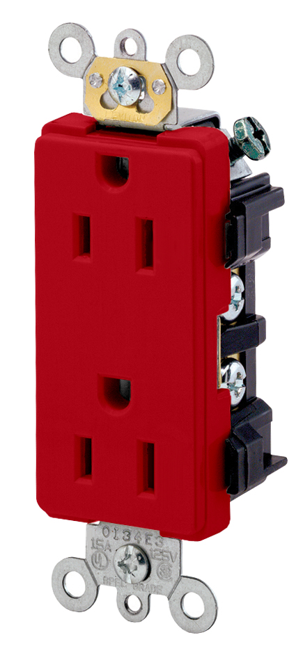 15A 125V NEMA 5-15R 2P 3W Decora Plus. Duplex Receptacle. Straight Blade. Commercial Grade. Self Grounding. Back and Side Wired. Steel Strap - Red