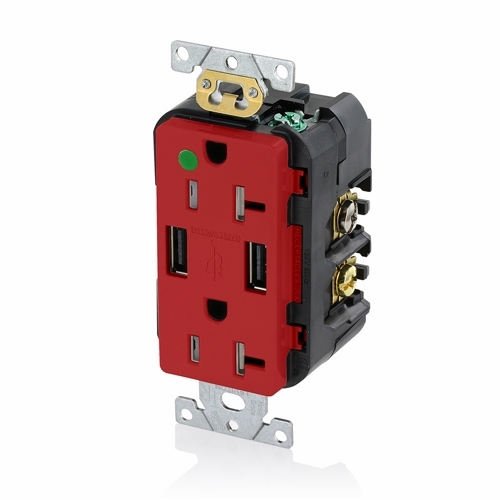 Hospital Grade. Combination Tamper-resistant Duplex. Decora Receptacle And Dual-port Usb Charger. Nema 5-20R 20A-125V. 2 Pole / 3-Wire Grounding Receptacle - Red