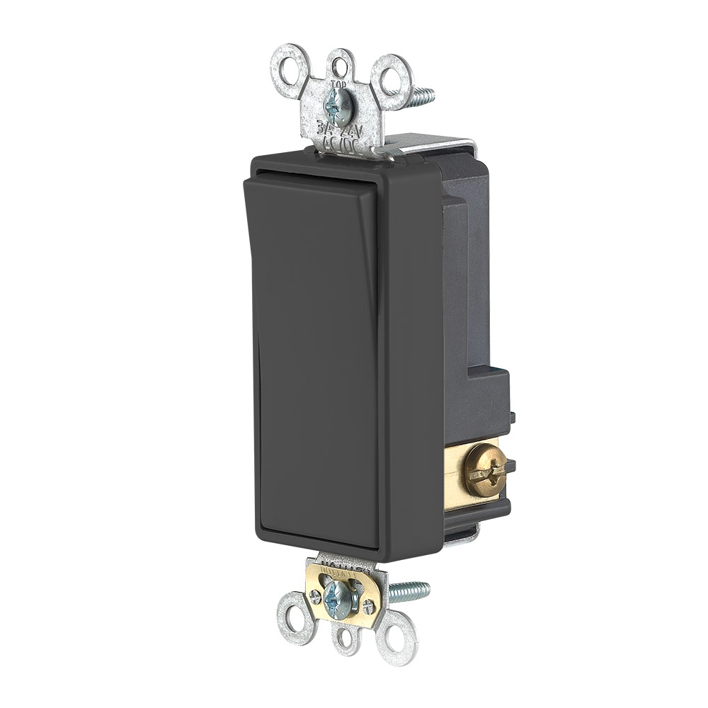 3 Amp. 24 Volt AC/DC. Switch Decora Plus Quiet Rocker. Low Voltage Single Pole. Commercial Grade. Side and Back Wired. 10-Year Limited Warranty – BLACK