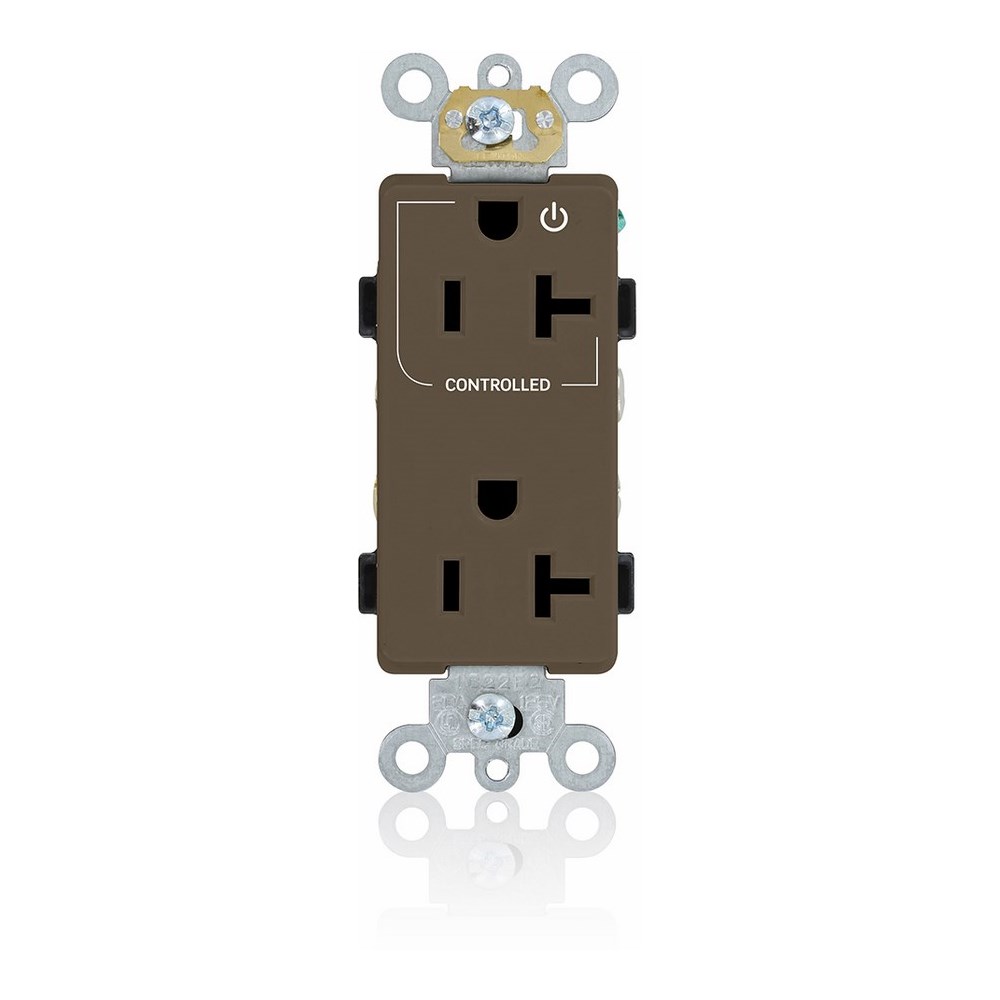 20 Amp. 125 Volt. NEMA 5-20R. 2P/3W. Decora Plus Duplex Receptacle. Straight Blade. Commercial Grade. Hot Terminal Split w/1 Plug Controlled. Self Grounding. Back And Side Wired. Contractor Pack - Brown