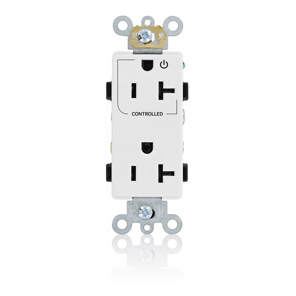 20 Amp. 125 Volt. NEMA 5-20R. 2P/3W. Decora Plus Duplex Receptacle. Straight Blade. Commercial Grade. Hot Terminal Split w/1 Plug Controlled. Self Grounding. Back And Side Wired. Contractor Pack - White