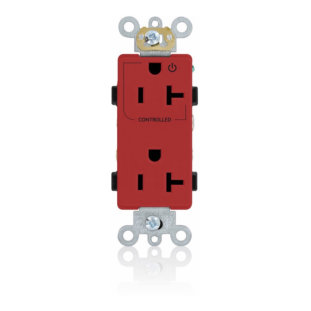 20 Amp. 125 Volt. NEMA 5-20R. 2P/3W. Decora Plus Duplex Receptacle. Straight Blade. Commercial Grade. Hot Terminal Split w/1 Plug Controlled. Self Grounding. Back And Side Wired. Contractor Pack - Red