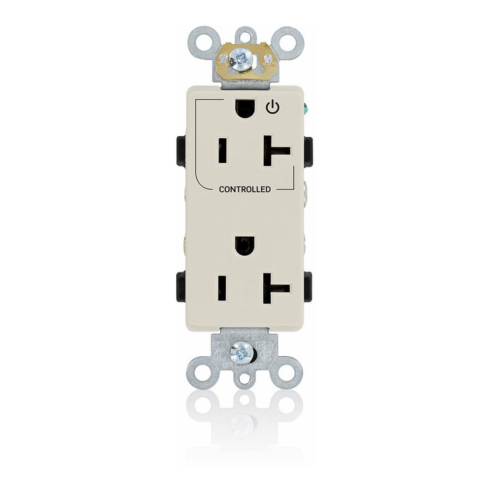 20 Amp. 125 Volt. NEMA 5-20R. 2P/3W. Decora Plus Duplex Receptacle. Straight Blade. Commercial Grade. Hot Terminal Split w/1 Plug Controlled. Self Grounding. Back And Side Wired. Contractor Pack - Lightt Almond