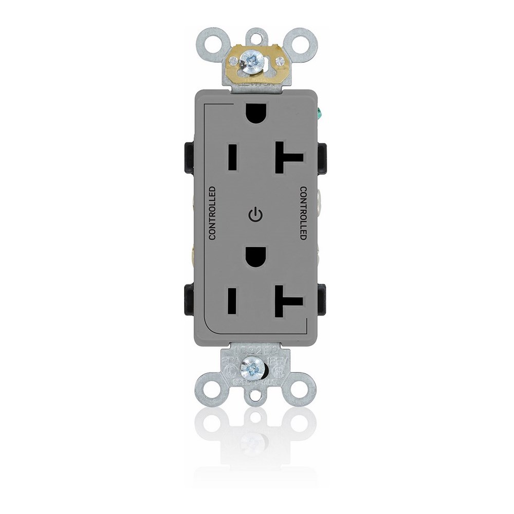 20 Amp. 125 Volt. NEMA 5-20R. 2P/3W. Decora Plus Duplex Receptacle. Straight Blade. Commercial Grade. 2 Plug Controlled Markings. Self Grounding. Back And Side Wired. Contractor Pack - Gray