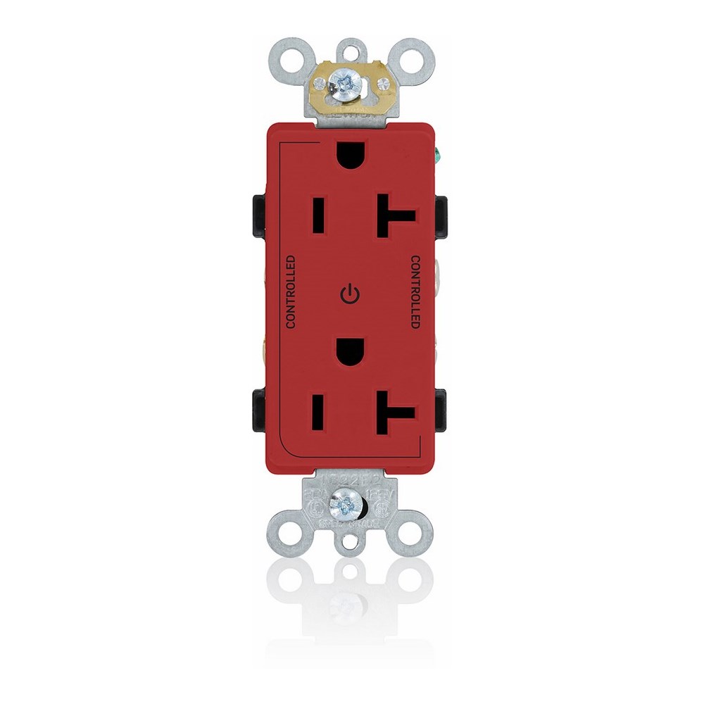 20 Amp. 125 Volt. NEMA 5-20R. 2P/3W. Decora Plus Duplex Receptacle. Straight Blade. Commercial Grade. 2 Plug Controlled Markings. Self Grounding. Back And Side Wired. Contractor Pack - Red