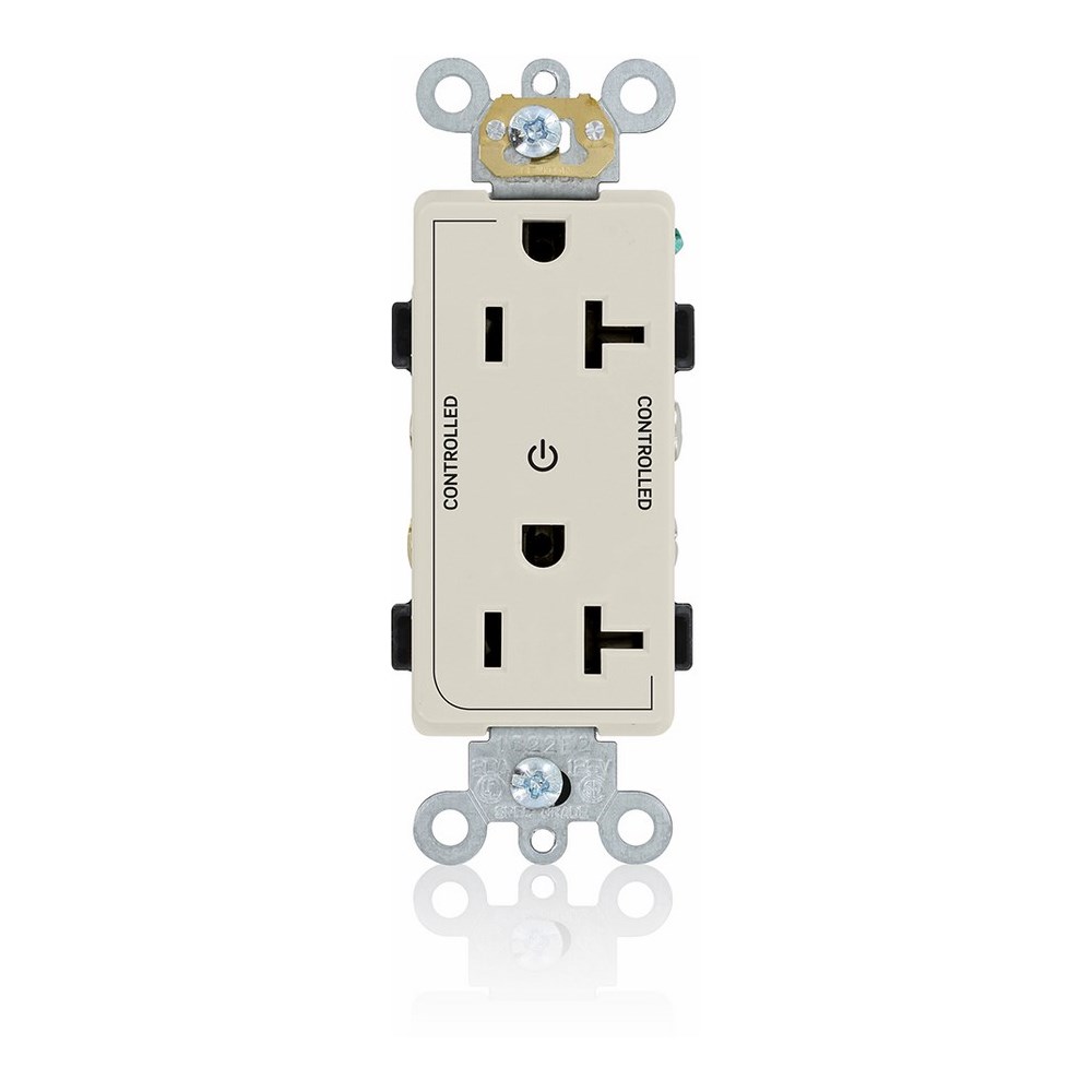 20 Amp. 125 Volt. NEMA 5-20R. 2P/3W. Decora Plus Duplex Receptacle. Straight Blade. Commercial Grade. 2 Plug Controlled Markings. Self Grounding. Back And Side Wired. Contractor Pack - Light Almond