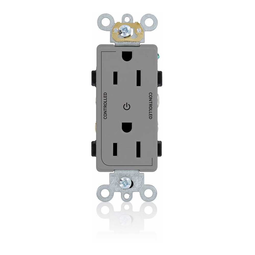 15 Amp. 125 Volt. NEMA 5-15R. 2P/3W. Decora Plus Duplex Receptacle. Straight Blade. Commercial Grade. 2 Plug Controlled Markings. Self Grounding. Back And Side Wired. Contractor Pack - Gray