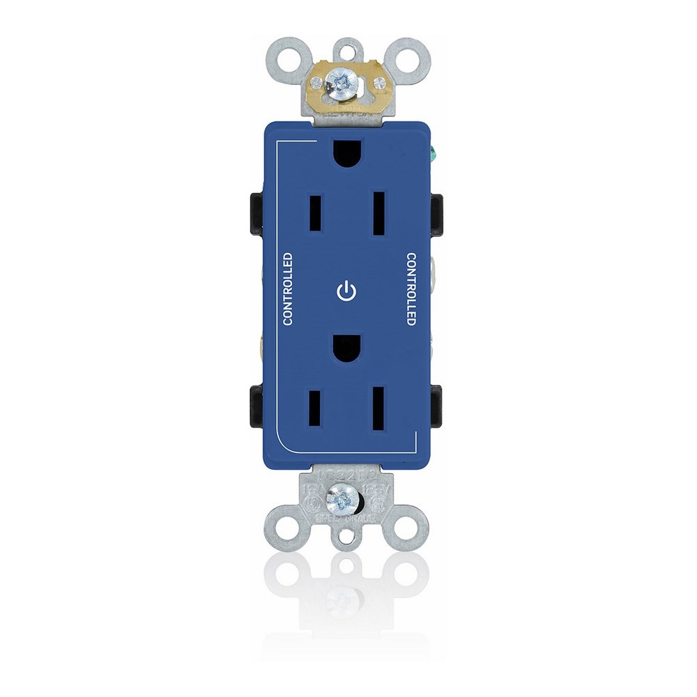15 Amp. 125 Volt. NEMA 5-15R. 2P/3W. Decora Plus Duplex Receptacle. Straight Blade. Commercial Grade. 2 Plug Controlled Markings. Self Grounding. Back And Side Wired. Contractor Pack - Blue