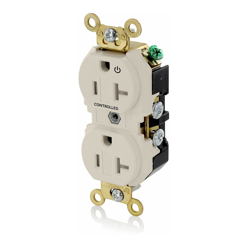 20 Amp. 125 Volt. NEMA 5-20R. 2P/3W. Industrial Series Extra Heavy Duty Specification Grade. Duplex Receptacle. Hot Terminal Split w/1 Plug Controlled. Straight Blade. Self Grounding. Back And Side 8 Hole Feed-Thru Wired. Contractor Pack - Light Almond
