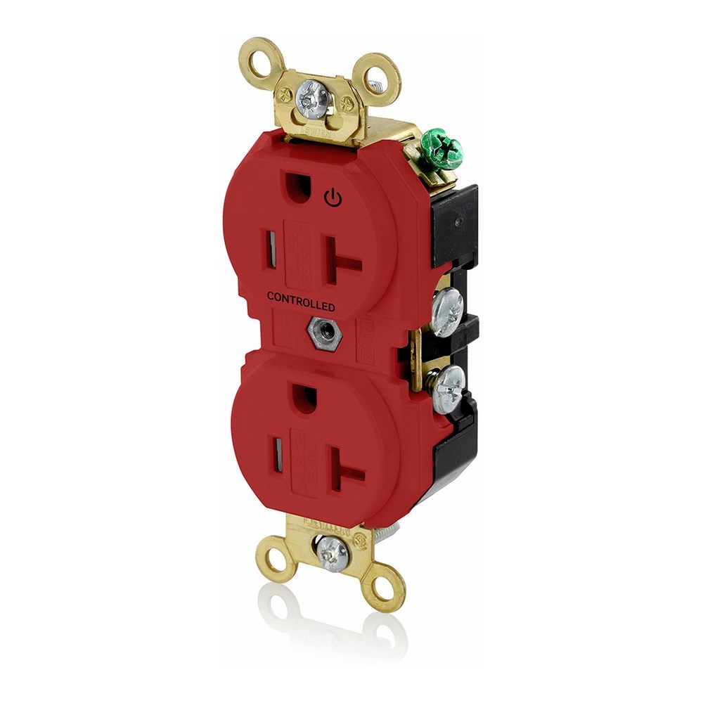 20 Amp. 125 Volt. NEMA 5-20R. 2P/3W. Industrial Series Extra Heavy Duty Specification Grade. Duplex Receptacle. Hot Terminal Split w/1 Plug Controlled. Straight Blade. Self Grounding. Back And Side 8 Hole Feed-Thru Wired. Contractor Pack - Red