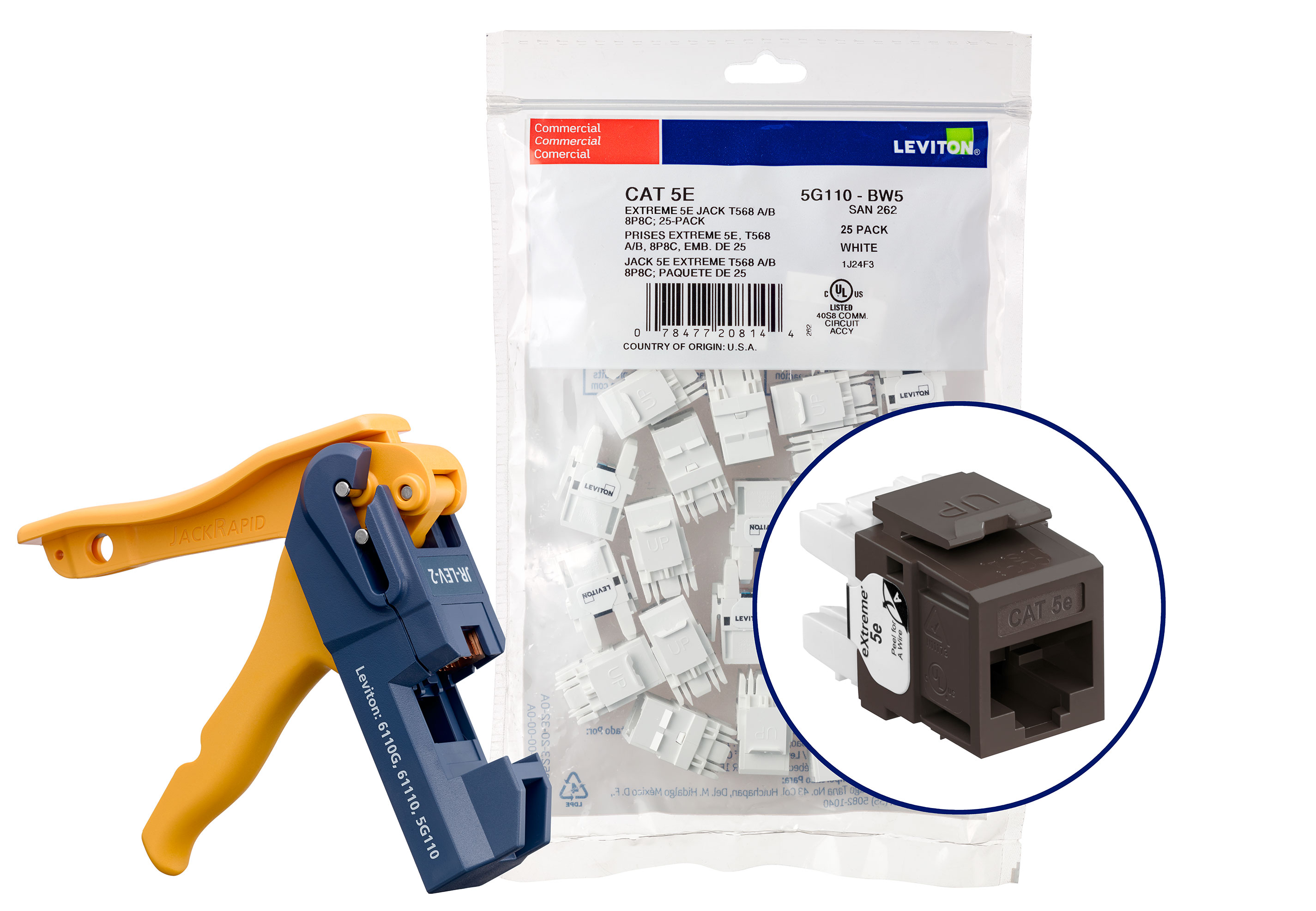 Cat 5e+ (5g110) Connectors Kitted With Jack Rapid Tool, 1 Fg = 6 Quickpacks (25 Connectors Per Quickpack),Total Of 150 Connectors, Plus 1 Jack Rapid Tool-Brown