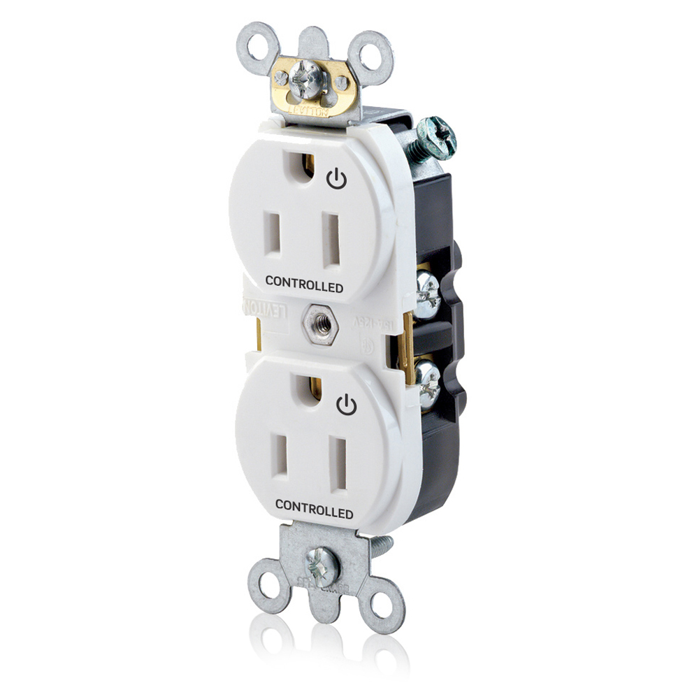 Duplex Receptacle Narrow Body Design. 2-pole 3-wire. Nema 5-15R. 15A-125V. Flat Face. Back And Sidewired. Industrial Spec Grade, Self Grounding. 2 Plugs Controlled Markings - White