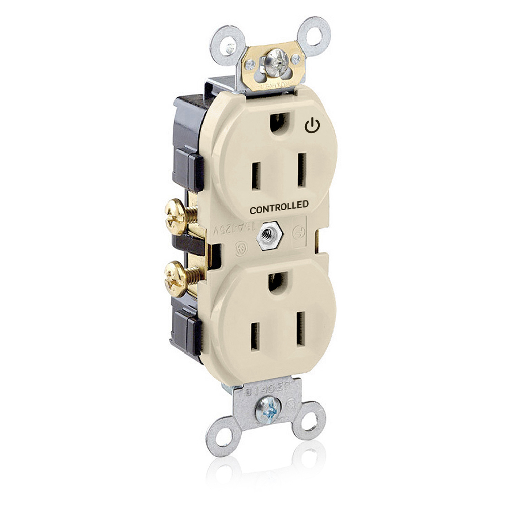 Duplex Receptacle. 2-Pole 3-wire. 15A-125V. Snap On Flat Face Cover. Nema 5-15R. Side Wire Only. Commercial Grade Hot Terminal Split W/1 Plug Controlled Markings - Ivory
