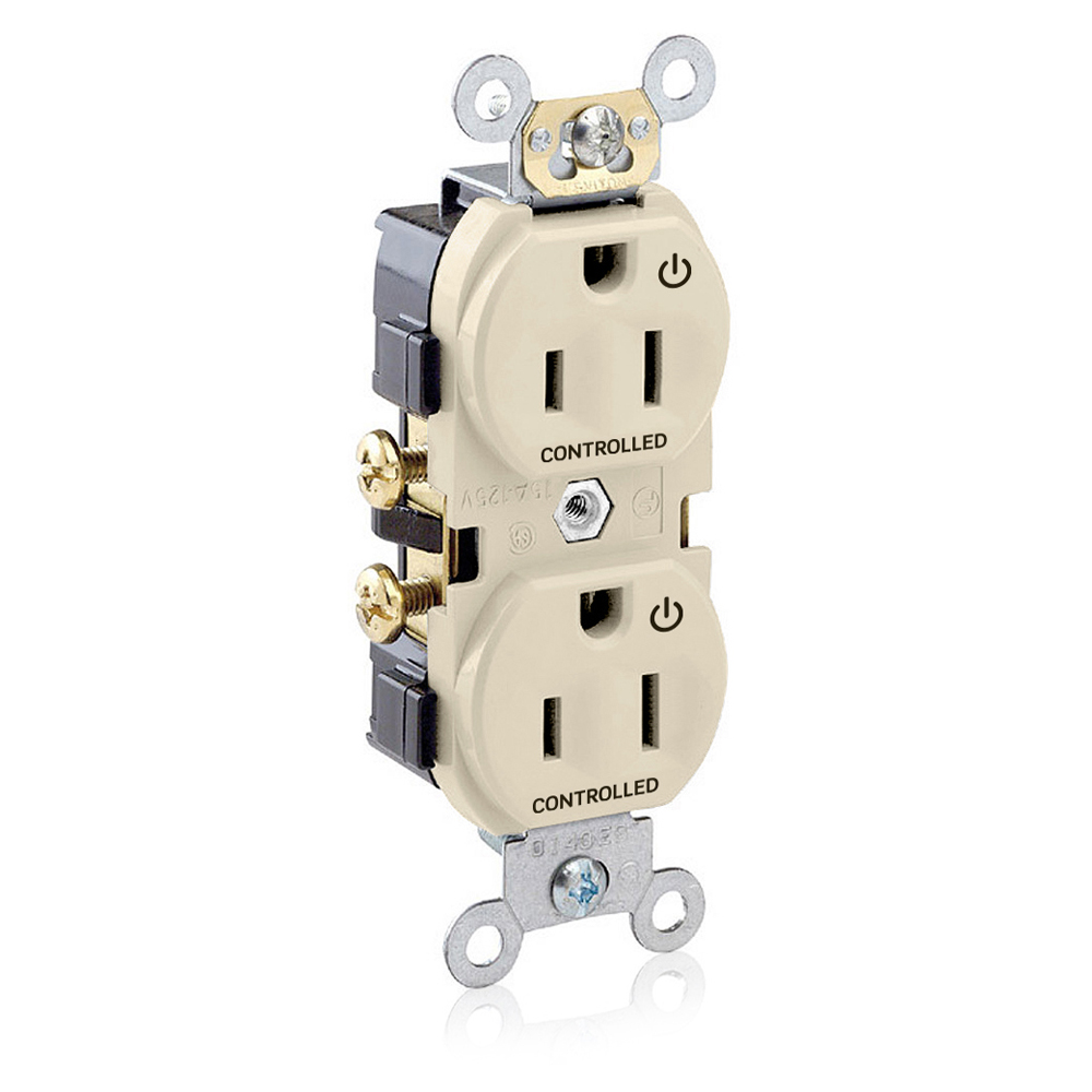 Duplex Receptacle. 2-Pole 3-wire. 15A-125V. Snap On Flat Face Cover. Nema 5-15R. Side Wire Only. Commercial Grade 2 Plugs Controlled Markings - Ivory