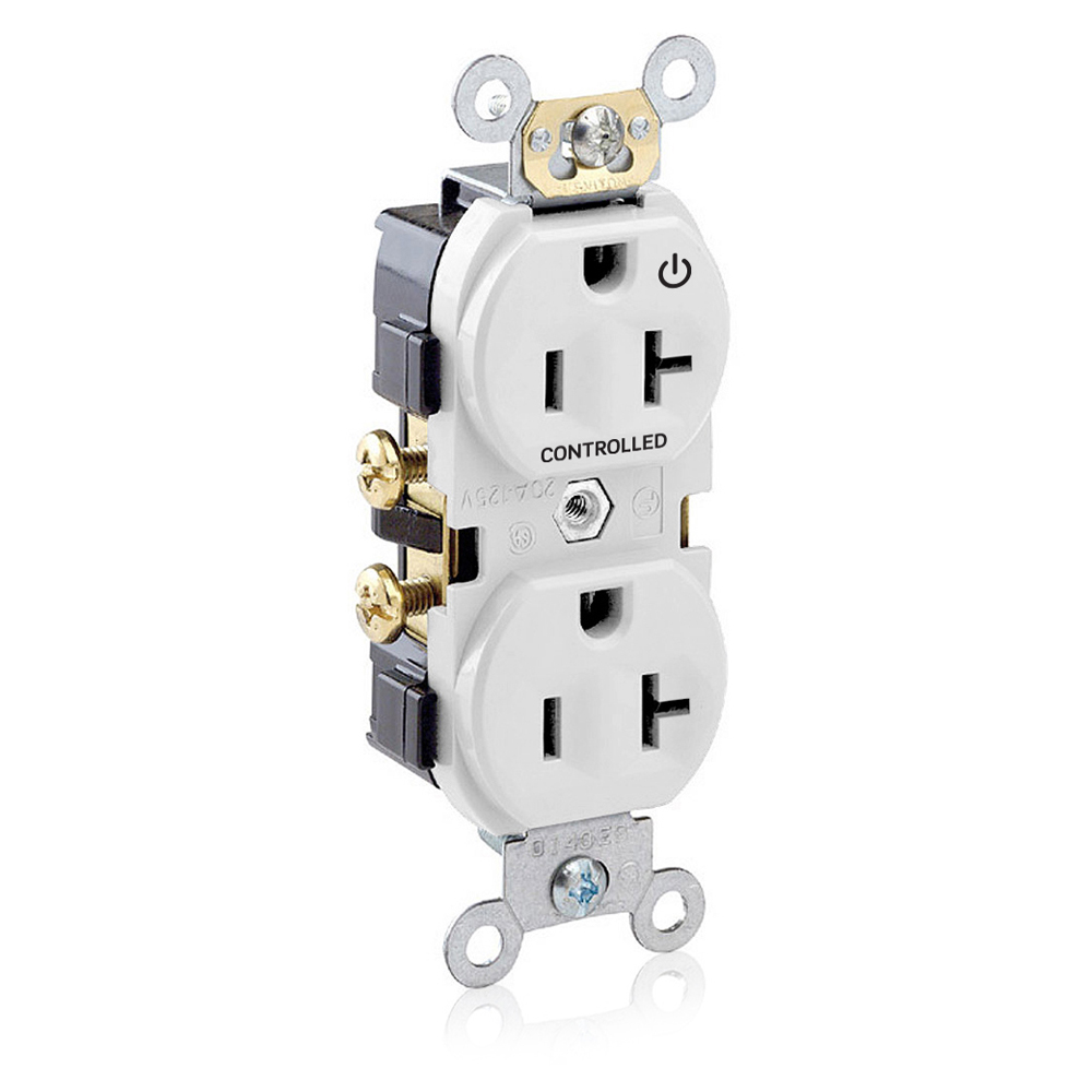 Duplex Receptacle. 2-Pole 3-wire. 20A-125V. Snap On Flat Face Cover. Nema 5-20R. Side Wire Only. Commercial Grade Hot Terminal Split W/1 Plug Controlled Markings - White