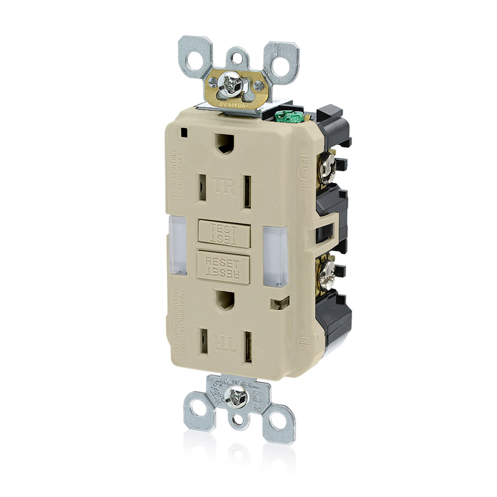 15 Amp, 125 Volt Receptacle/Outlet, 20 Amp Feed-Through, Tamper-Resistant, Self-test SmartlockPro Slim Guide Light GFCI, Monochromatic, back and side wired, self-grounding clip included, wallplate/faceplate sold separately - Ivory