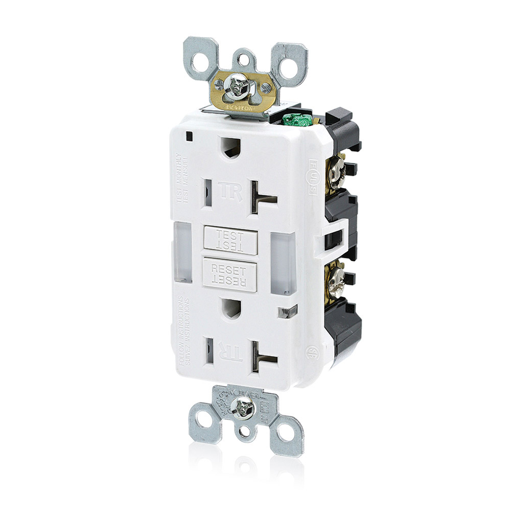 20 Amp, 125 Volt Receptacle/Outlet, 20 Amp Feed-Through, Tamper-Resistant, Self-test SmartlockPro Slim Guide Light GFCI, Monochromatic, back and side wired, self-grounding clip included, wallplate/faceplate sold separately - White
