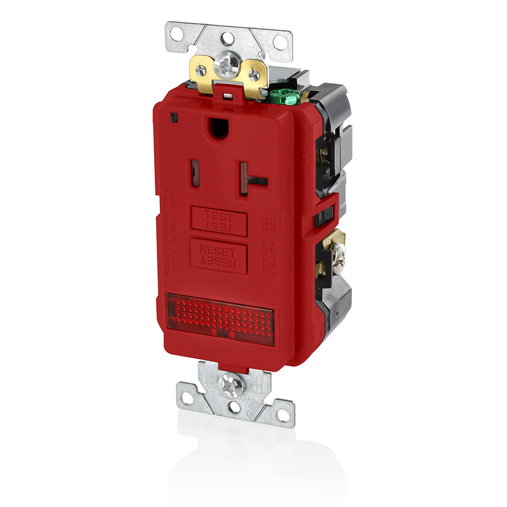 20 Amp, 125 Volt, SmartlockPro Single Self-Test GFCI Receptacle with LED Pilot Light, NEMA 5-20R, 2P, 3W, Extra-Heavy Duty Industrial Grade, Tamper-Resistant, 20A Feed-Through, Back or Side Wired - RED