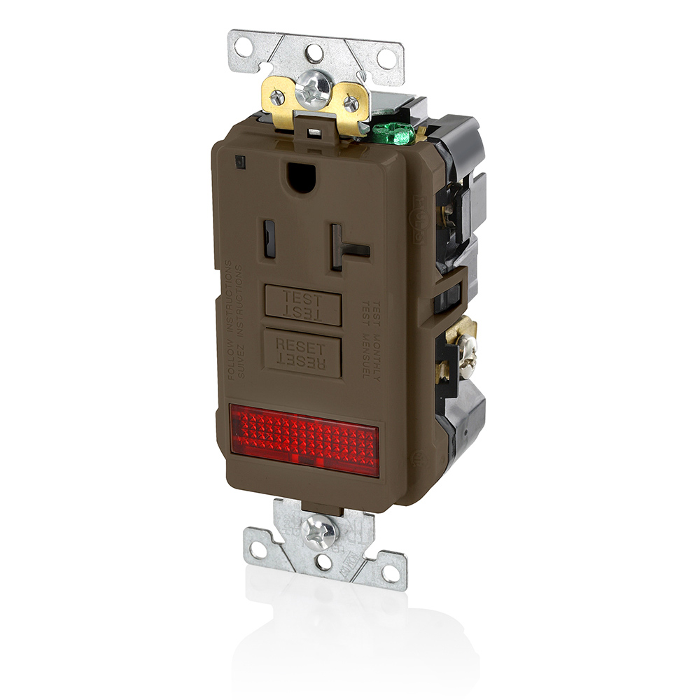 20 Amp, 125 Volt, SmartlockPro Single Self-Test GFCI Receptacle with LED Pilot Light, NEMA 5-20R, 2P, 3W, Extra-Heavy Duty Industrial Grade, Tamper-Resistant, 20A Feed-Through, Back or Side Wired - BROWN