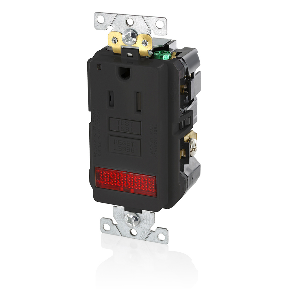 15 Amp, 125 Volt, SmartlockPro Single Self-Test GFCI Receptacle with LED Pilot Light, NEMA 5-15R, 2P, 3W, Extra-Heavy Duty Industrial Grade, Tamper-Resistant, 20A Feed-Through, Back or Side Wired - BLACK