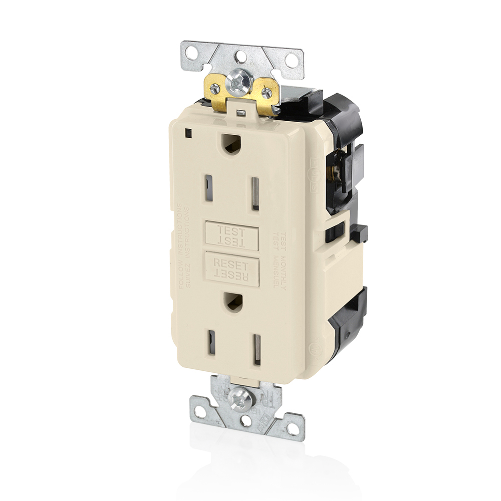 15 Amp, 125 Volt, SmartlockPro Slim Lev-Lok® GFCI Self-Test Receptacle, Extra-Heavy Duty Industrial Grade, Tamper-Resistant, 20A Feed-Through,NEMA 5-15R, 2P, 3W, Modular Terminals – LIGHT ALMOND