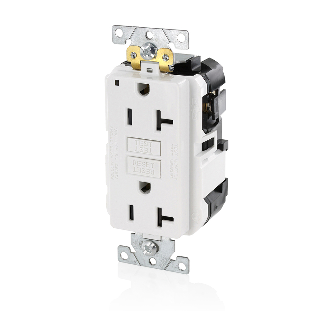20 Amp, 125 Volt, SmartlockPro Slim Lev-Lok® GFCI Self-Test Receptacle, Extra-Heavy Duty Industrial Grade, 20A Feed-Through,NEMA 5-20R, 2P, 3W, Modular Terminals – WHITE