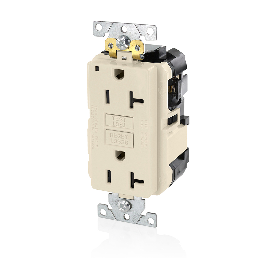 20 Amp, 125 Volt, SmartlockPro Slim Lev-Lok® GFCI Self-Test Receptacle, Extra-Heavy Duty Industrial Grade, 20A Feed-Through,NEMA 5-20R, 2P, 3W, Modular Terminals – LIGHT ALMOND