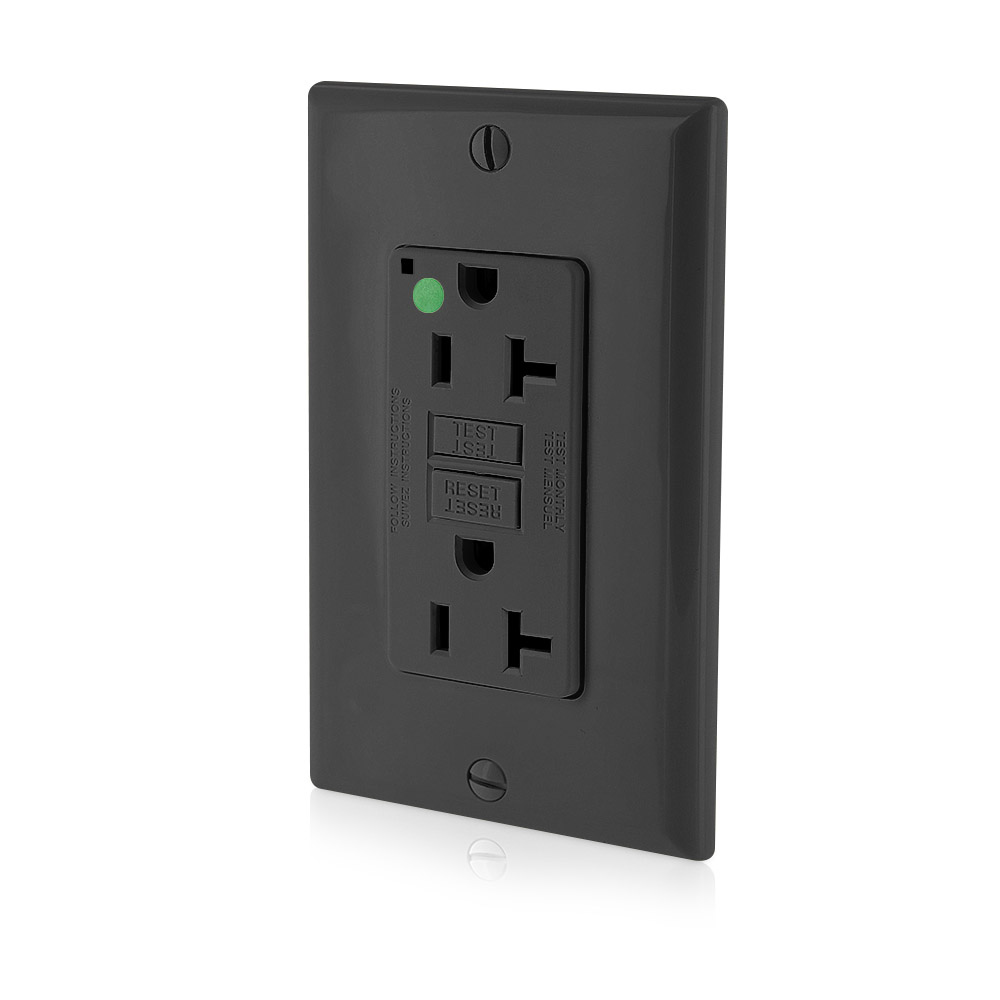 20 Amp, 125 Volt, SmartlockPro Slim Self-Test GFCI Receptacle, Extra-Heavy Duty Hospital Grade, NEMA 5-20R, 20A Feed-Through, 2P, 3W, Matching Wallplate Included - BLACK